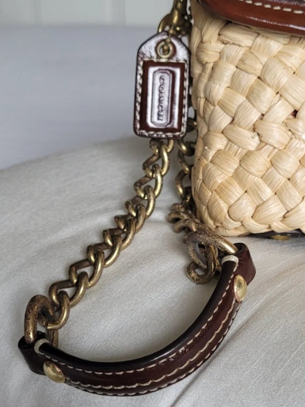 727 Coach Straw Summertime Turnlock Wristlet Clutch Brown Brass Raffia Vintage - Picture 6 of 12